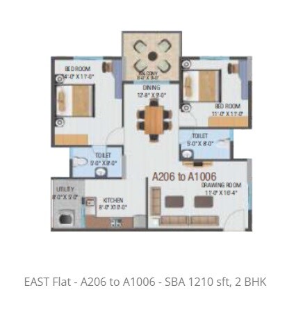 Floor plan of 2 BHK 1210 Sq. Ft. Apartment in Hi Life Horizon, Bangalore