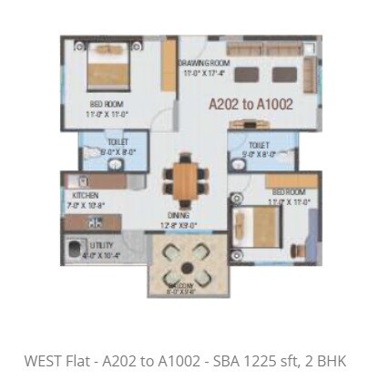 Floor plan of 2 BHK 1225 Sq. Ft. Apartment in Hi Life Horizon, Bangalore