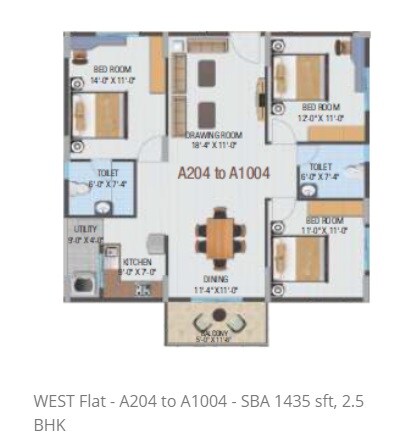 Floor plan of 2 BHK 1435 Sq. Ft. Apartment in Hi Life Horizon, Bangalore
