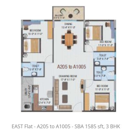 Floor plan of 3 BHK 1585 Sq. Ft. Apartment in Hi Life Horizon, Bangalore
