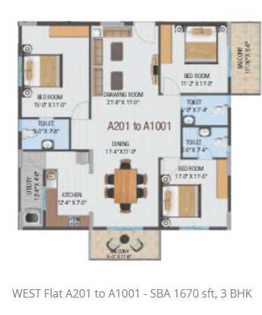 Floor plan of 3 BHK 1670 Sq. Ft. Apartment in Hi Life Horizon, Bangalore