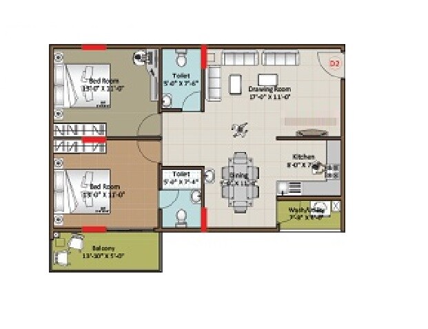 Floor plan of 2 BHK 1085 Sq. Ft. Apartment in Hilife Greens, Bangalore