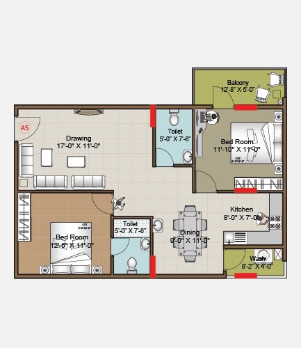 Floor plan of 2 BHK 1140 Sq. Ft. Apartment in Hilife Greens, Bangalore