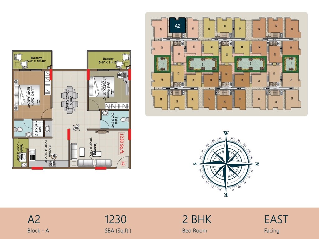 Floor plan of 2 BHK 1230 Sq. Ft. Apartment in Hilife Greens, Bangalore