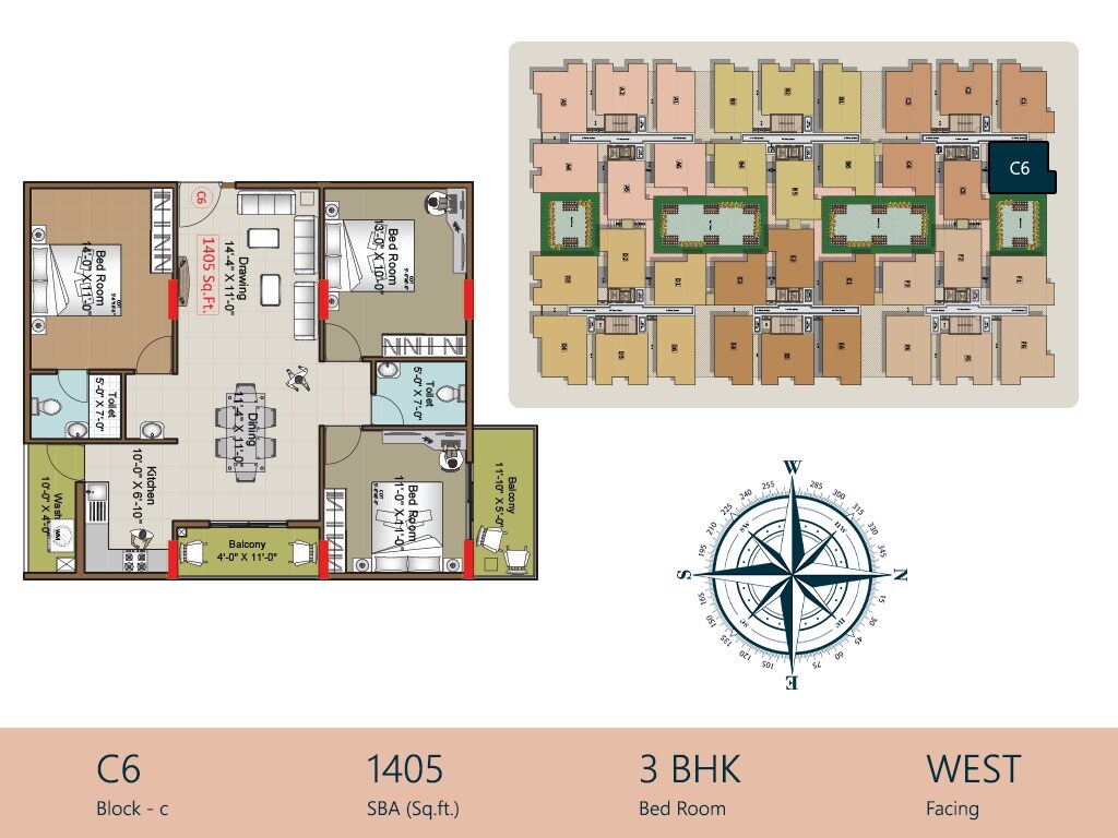 Floor plan of 3 BHK 1405 Sq. Ft. Apartment in Hilife Greens, Bangalore