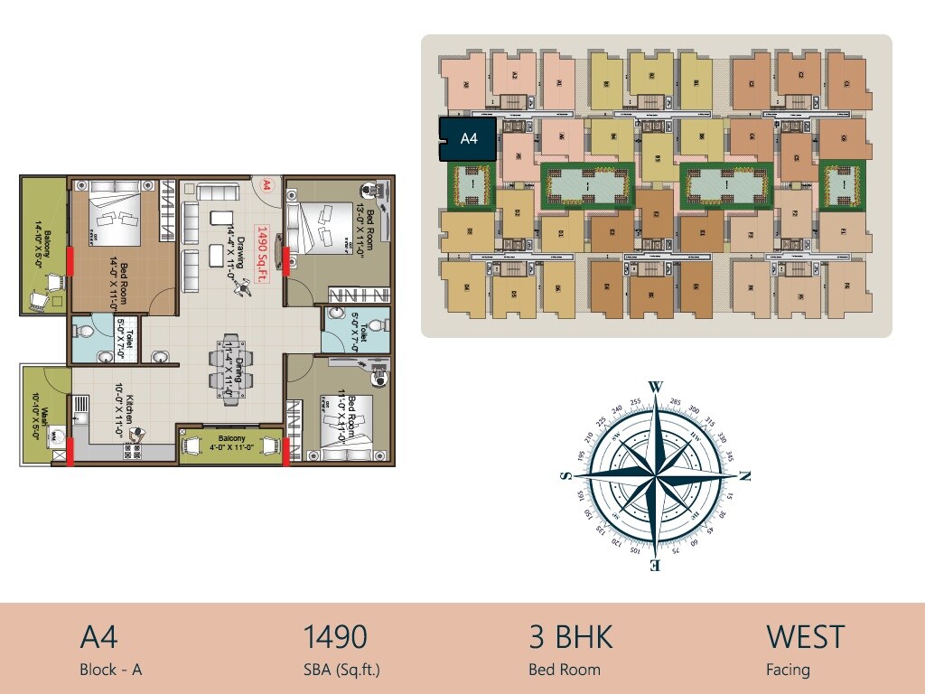 Floor plan of 3 BHK 1490 Sq. Ft. Apartment in Hilife Greens, Bangalore