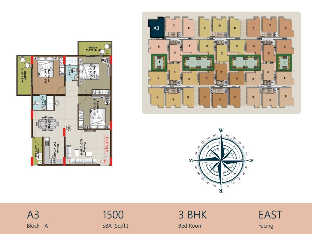 Floor plan of 3 BHK 1500 Sq. Ft. Apartment in Hilife Greens, Bangalore
