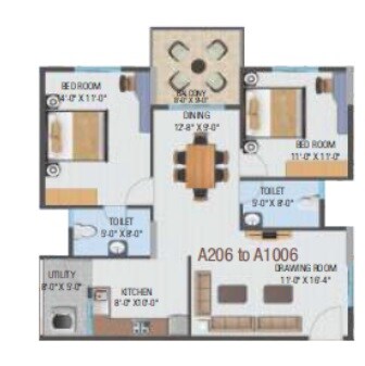 Floor plan of 2 BHK 1210 Sq. Ft. Apartment in HiLife Horizon, Bangalore