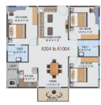 Floor plan of 2 BHK 1435 Sq. Ft. Apartment in HiLife Horizon, Bangalore
