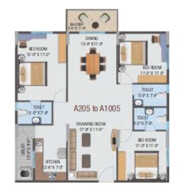 Floor plan of 3 BHK 1585 Sq. Ft. Apartment in HiLife Horizon, Bangalore
