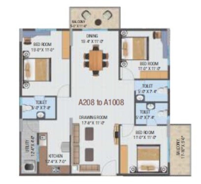 Floor plan of 3 BHK 1670 Sq. Ft. Apartment in HiLife Horizon, Bangalore