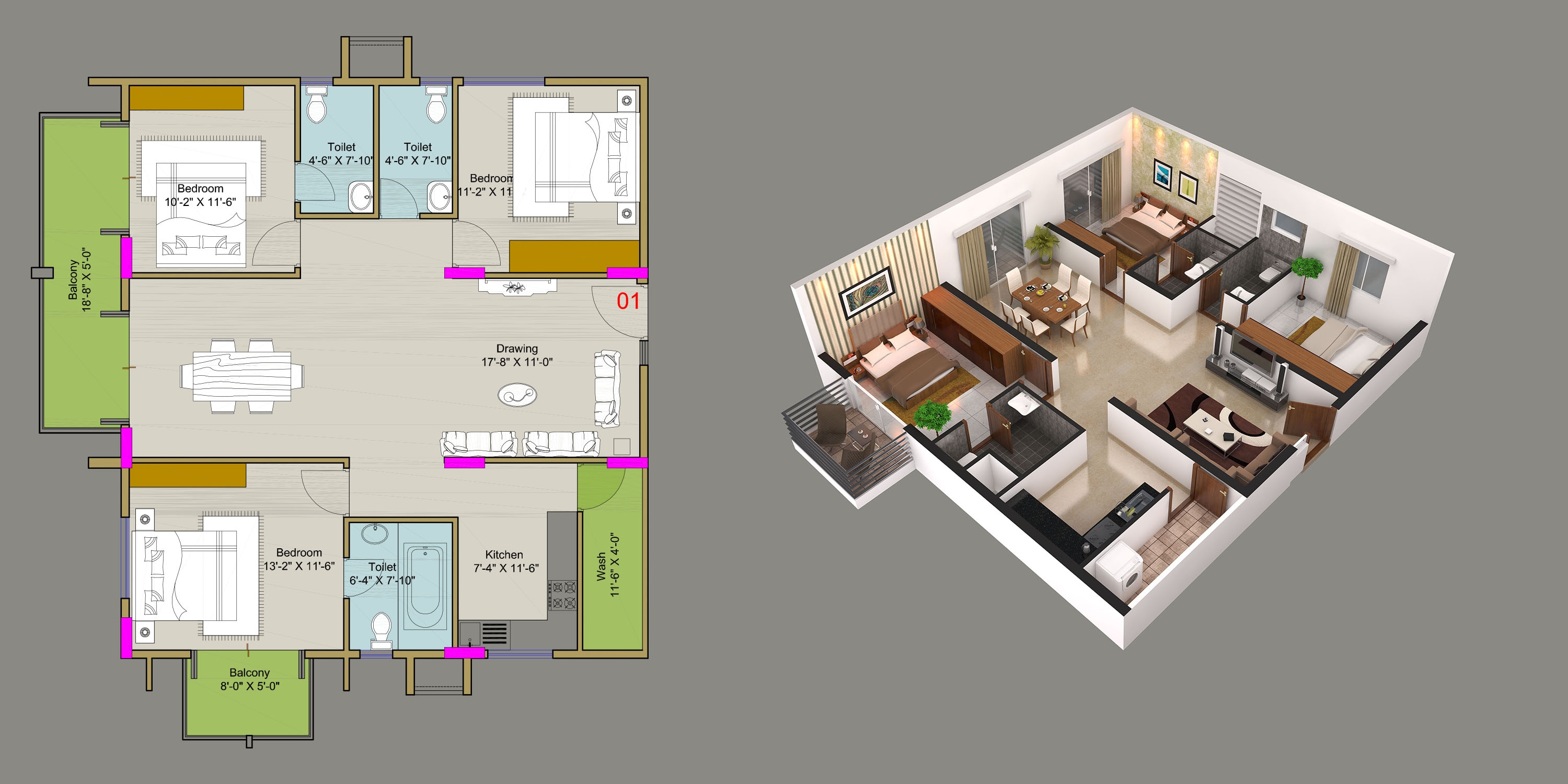 Floor plan of 3 BHK 1590 Sq. Ft. Apartment in Hilife Magnifique, Bangalore