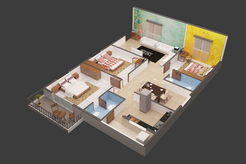 Floor plan of 3 BHK 1345 Sq. Ft. Apartment in Hilife Nature, Bangalore