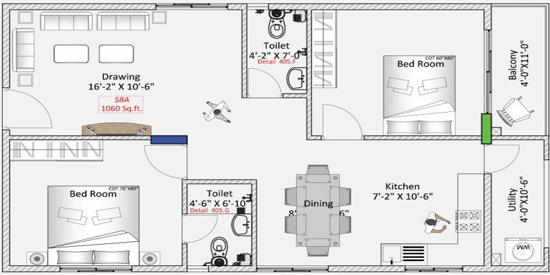 Floor plan of 2 BHK 1060 Sq. Ft. Apartment in Hilife Rio, Bangalore
