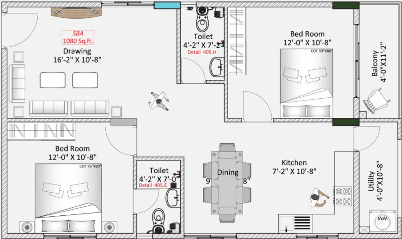 Floor plan of 2 BHK 1080 Sq. Ft. Apartment in Hilife Rio, Bangalore