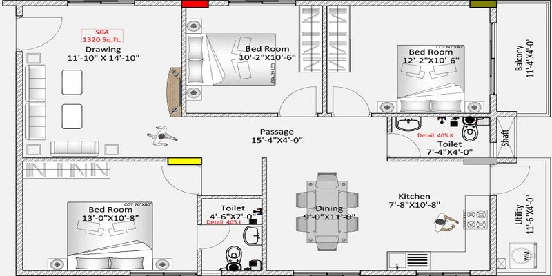 Floor plan of 3 BHK 1320 Sq. Ft. Apartment in Hilife Rio, Bangalore