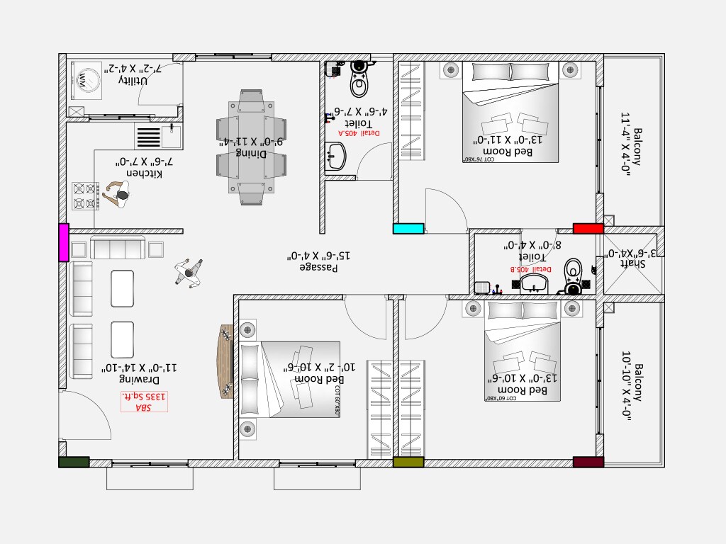 Floor plan of 3 BHK 1335 Sq. Ft. Apartment in Hilife Rio, Bangalore