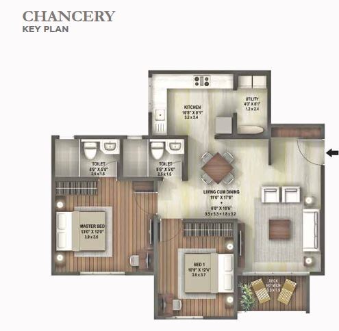 Floor plan of 2 BHK 1100 Sq. Ft. Apartment in Hiranandani Chancery, Bangalore