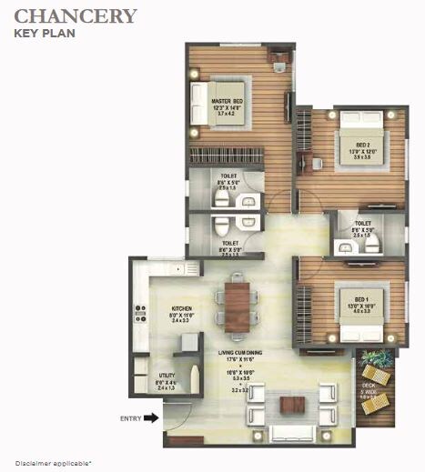 Floor plan of 3 BHK 1550 Sq. Ft. Apartment in Hiranandani Chancery, Bangalore