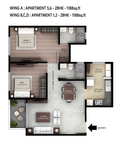 Floor plan of 2 BHK 1188 Sq. Ft. Apartment in Hiranandani Clover, Bangalore