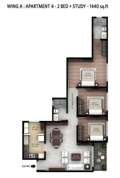 Floor plan of 2 BHK 1440 Sq. Ft. Apartment in Hiranandani Clover, Bangalore