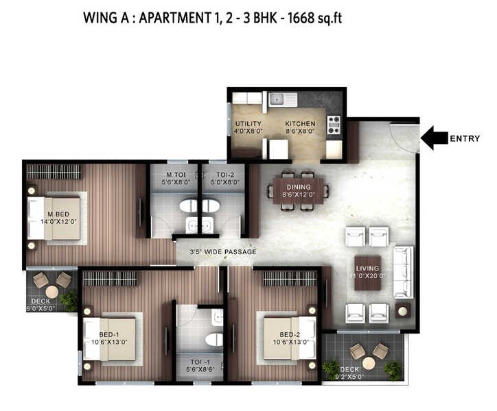 Floor plan of 3 BHK 1668 Sq. Ft. Apartment in Hiranandani Clover, Bangalore