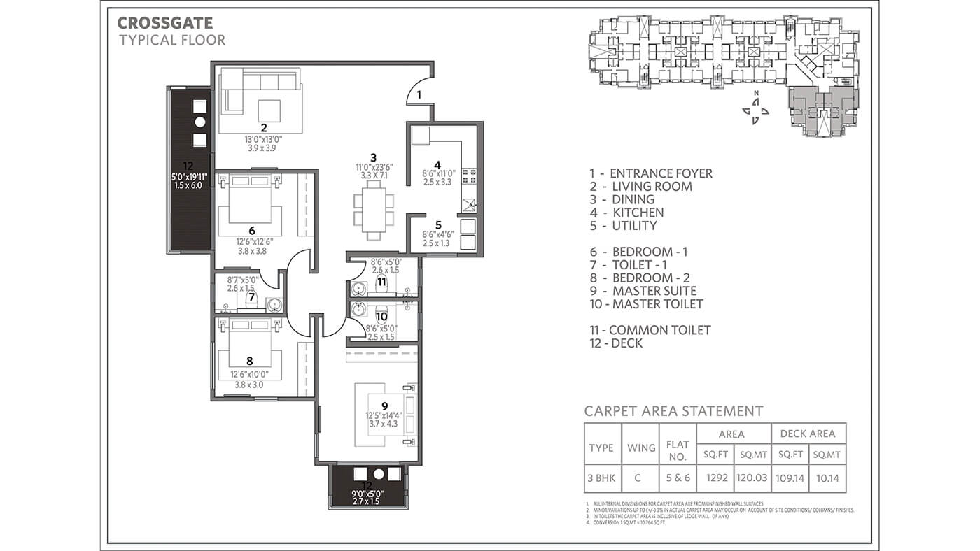 Floor plan of 3 BHK 1401 Sq. Ft. Apartment in Hiranandani Crossgate, Bangalore