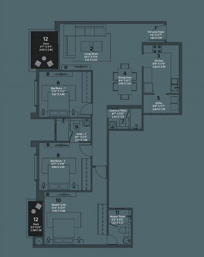 Floor plan of 3 BHK 1245 Sq. Ft. Apartment in Hiranandani Evita Bannerghatta Road, Bangalore