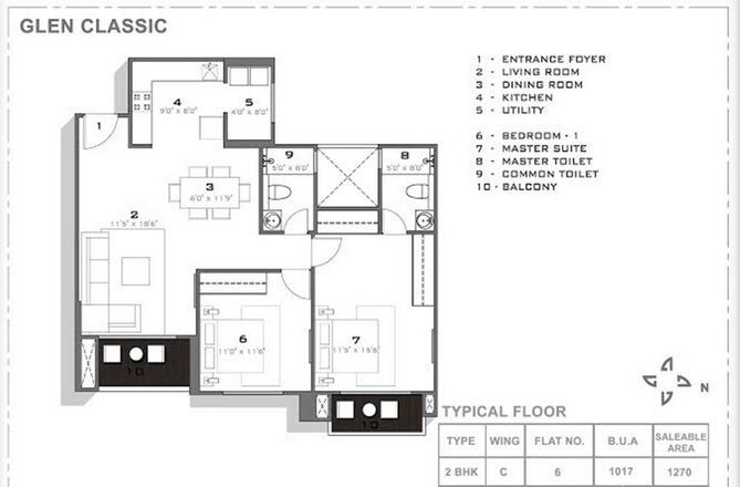 Floor plan of 2 BHK 1270 Sq. Ft. Apartment in Hiranandani Glen Classic, Bangalore