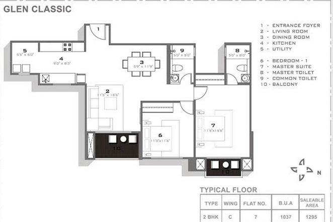Floor plan of 2 BHK 1295 Sq. Ft. Apartment in Hiranandani Glen Classic, Bangalore