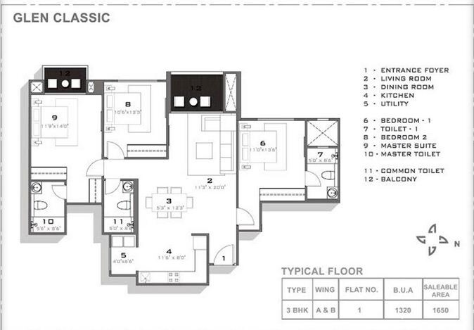 Floor plan of 3 BHK 1650 Sq. Ft. Apartment in Hiranandani Glen Classic, Bangalore
