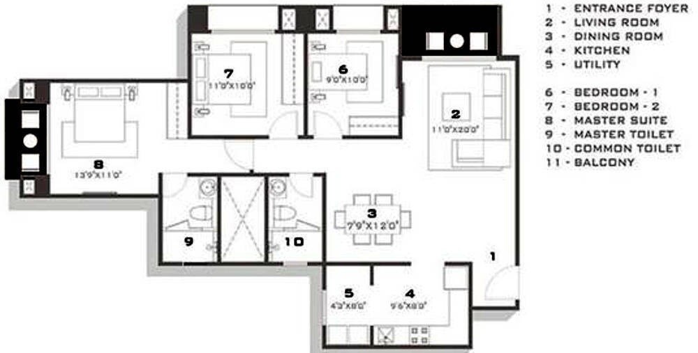 Floor plan of 2 BHK 1420 Sq. Ft. Apartment in Hiranandani Glen Gate, Bangalore