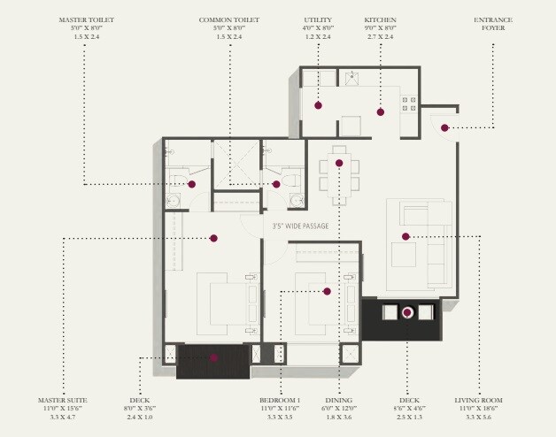 Floor plan of 2 BHK 1430 Sq. Ft. Apartment in Hiranandani Glen Gate, Bangalore