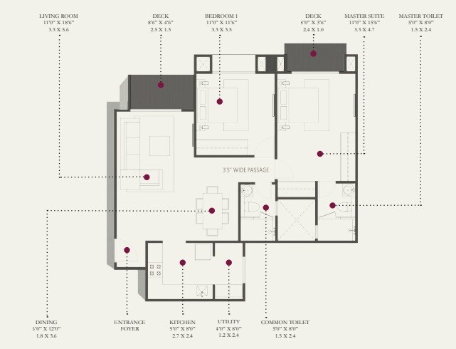 Floor plan of 2 BHK 1440 Sq. Ft. Apartment in Hiranandani Glen Gate, Bangalore