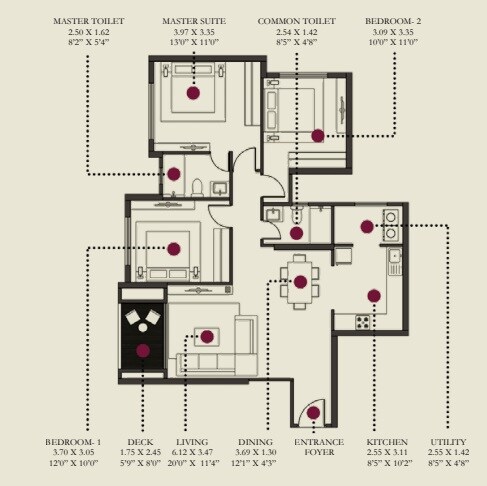 Floor plan of 3 BHK 1665 Sq. Ft. Apartment in Hiranandani Glen Gate, Bangalore