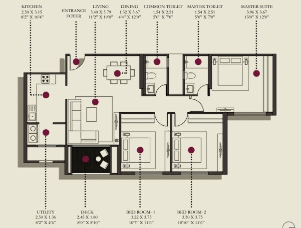 Floor plan of 3 BHK 1810 Sq. Ft. Apartment in Hiranandani Glen Gate, Bangalore