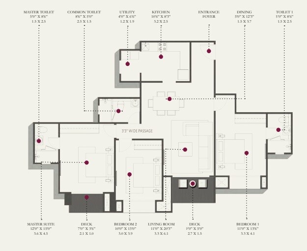 Floor plan of 3 BHK 1630 Sq. Ft. Apartment in Hiranandani Glen Gate, Bangalore