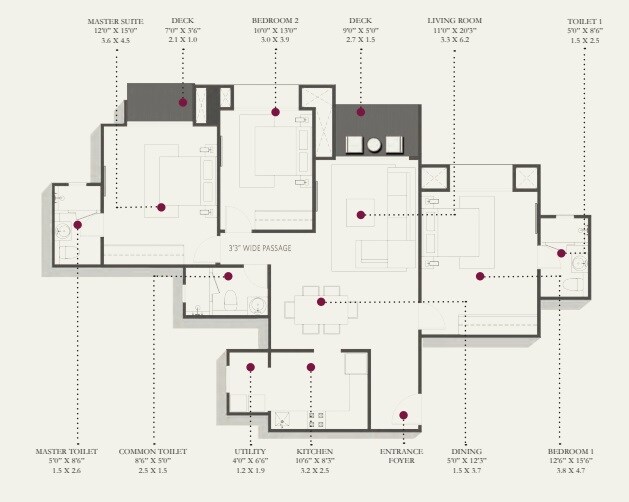 Floor plan of 3 BHK 1760 Sq. Ft. Apartment in Hiranandani Glen Gate, Bangalore