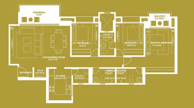 Floor plan of 3 BHK 1885 Sq. Ft. Apartment in Hiranandani Hill Crest, Bangalore