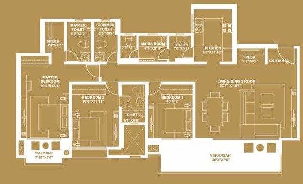 Floor plan of 3 BHK 2218 Sq. Ft. Apartment in Hiranandani Hill Crest, Bangalore