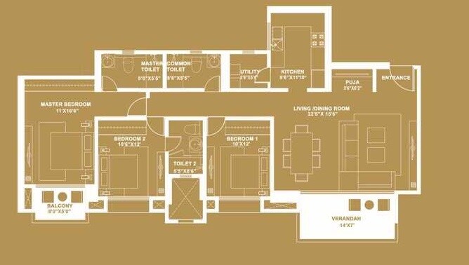 Floor plan of 3 BHK 2233 Sq. Ft. Apartment in Hiranandani Hill Crest, Bangalore