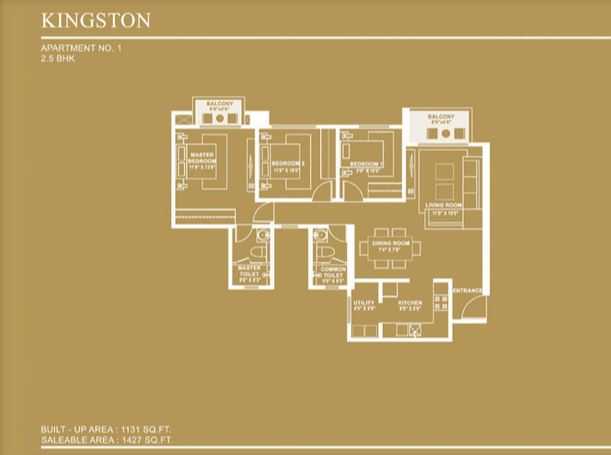 Floor plan of 2 BHK 1427 Sq. Ft. Apartment in Hiranandani Kingston, Bangalore
