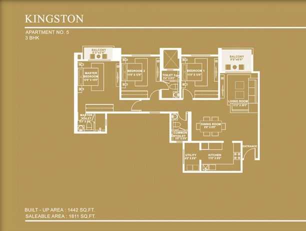 Floor plan of 3 BHK 1811 Sq. Ft. Apartment in Hiranandani Kingston, Bangalore