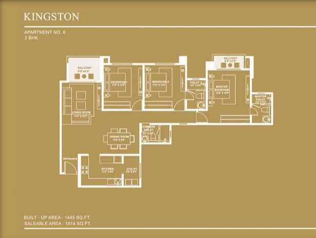 Floor plan of 3 BHK 1814 Sq. Ft. Apartment in Hiranandani Kingston, Bangalore
