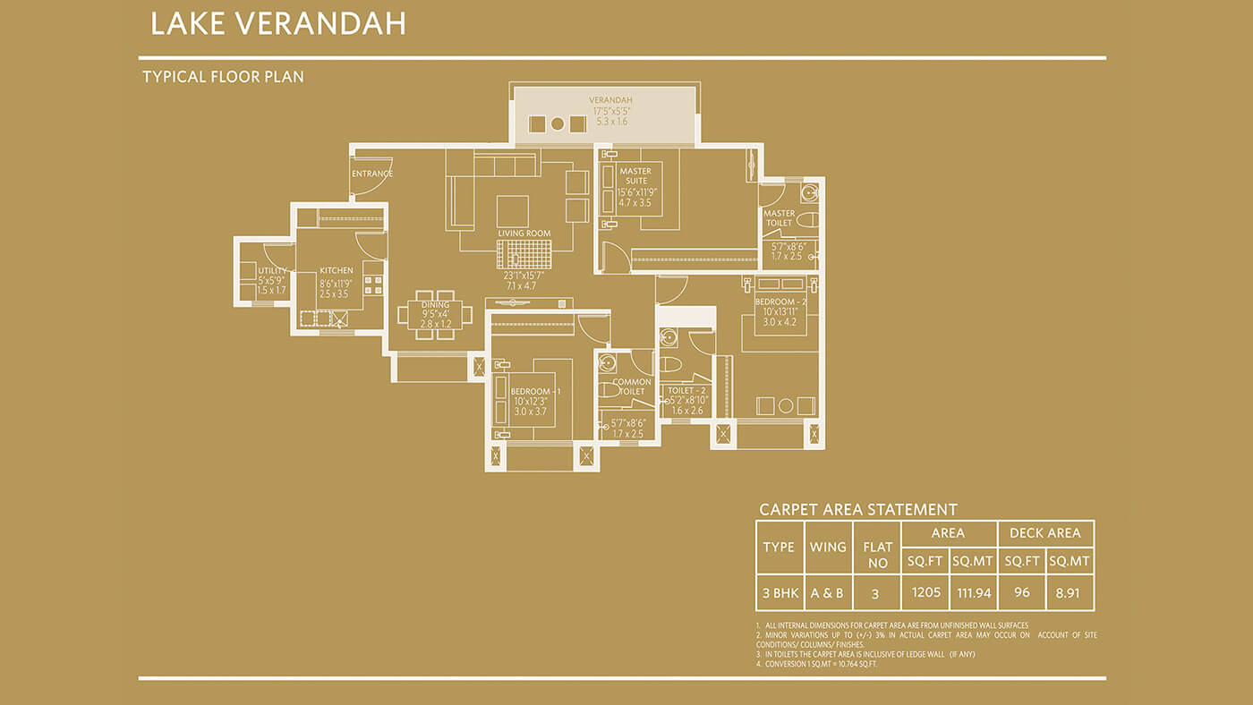 Floor plan of 3 BHK 1660 Sq. Ft. Apartment in Hiranandani Lake Verandahs, Bangalore