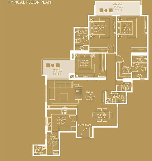Floor plan of 3 BHK 2061 Sq. Ft. Apartment in Hiranandani Lake Verandahs, Bangalore