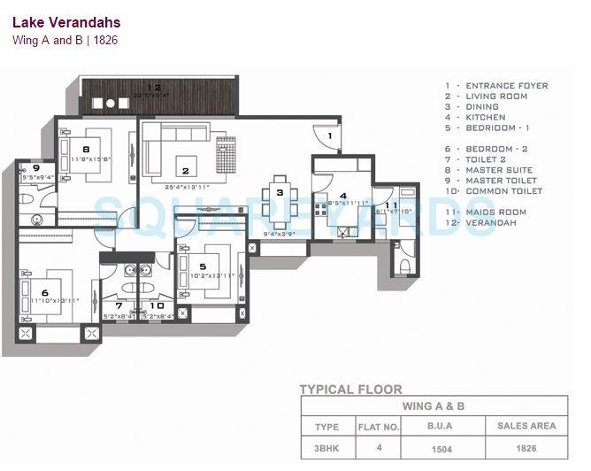 Floor plan of 3 BHK 1826 Sq. Ft. Apartment in Hiranandani Lake Verandahs, Bangalore