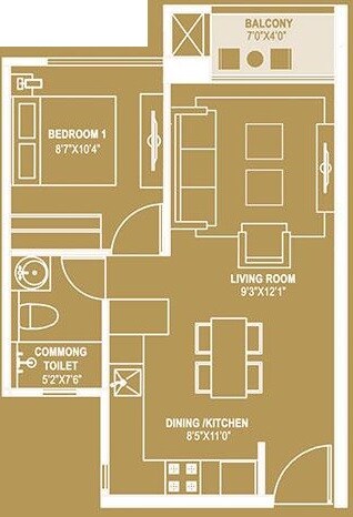 Floor plan of 1 BHK 565 Sq. Ft. Apartment in Hiranandani Queensgate, Bangalore