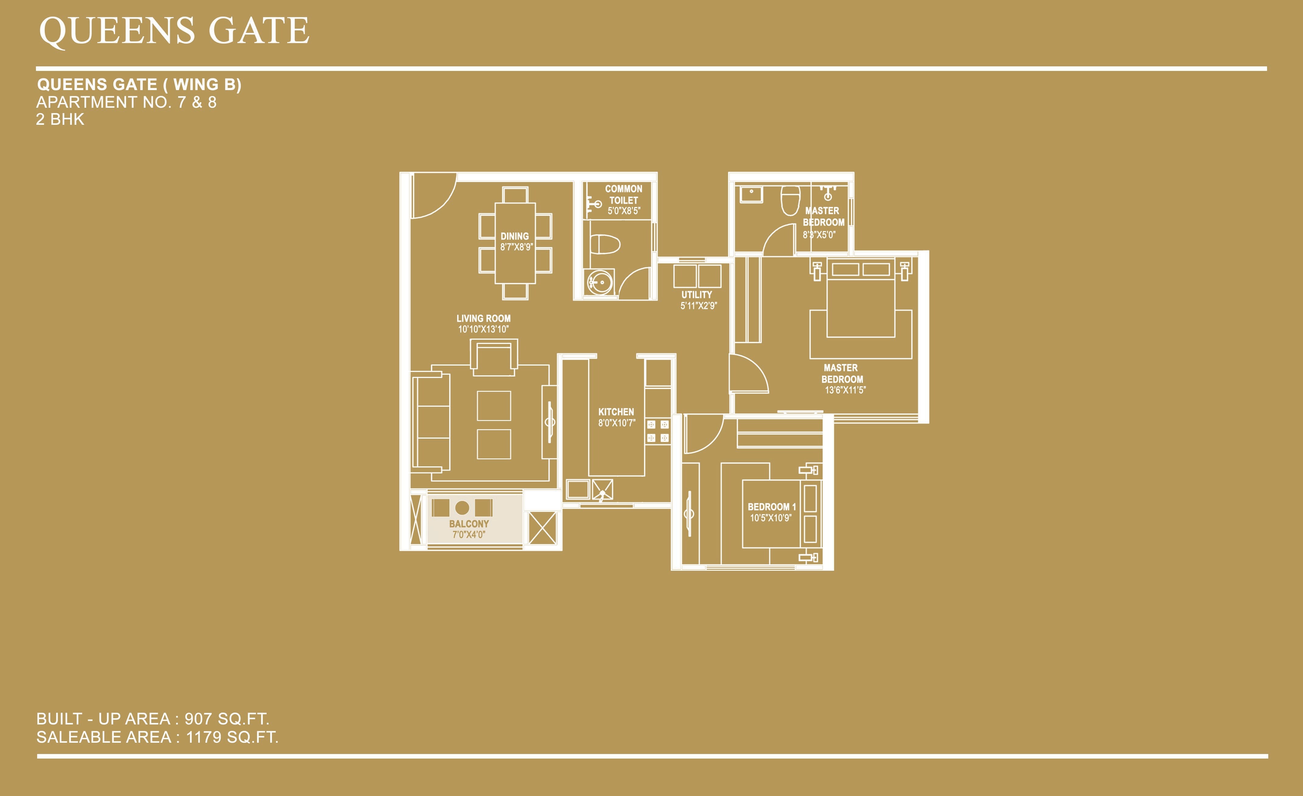 Floor plan of 2 BHK 1179 Sq. Ft. Apartment in Hiranandani Queensgate, Bangalore