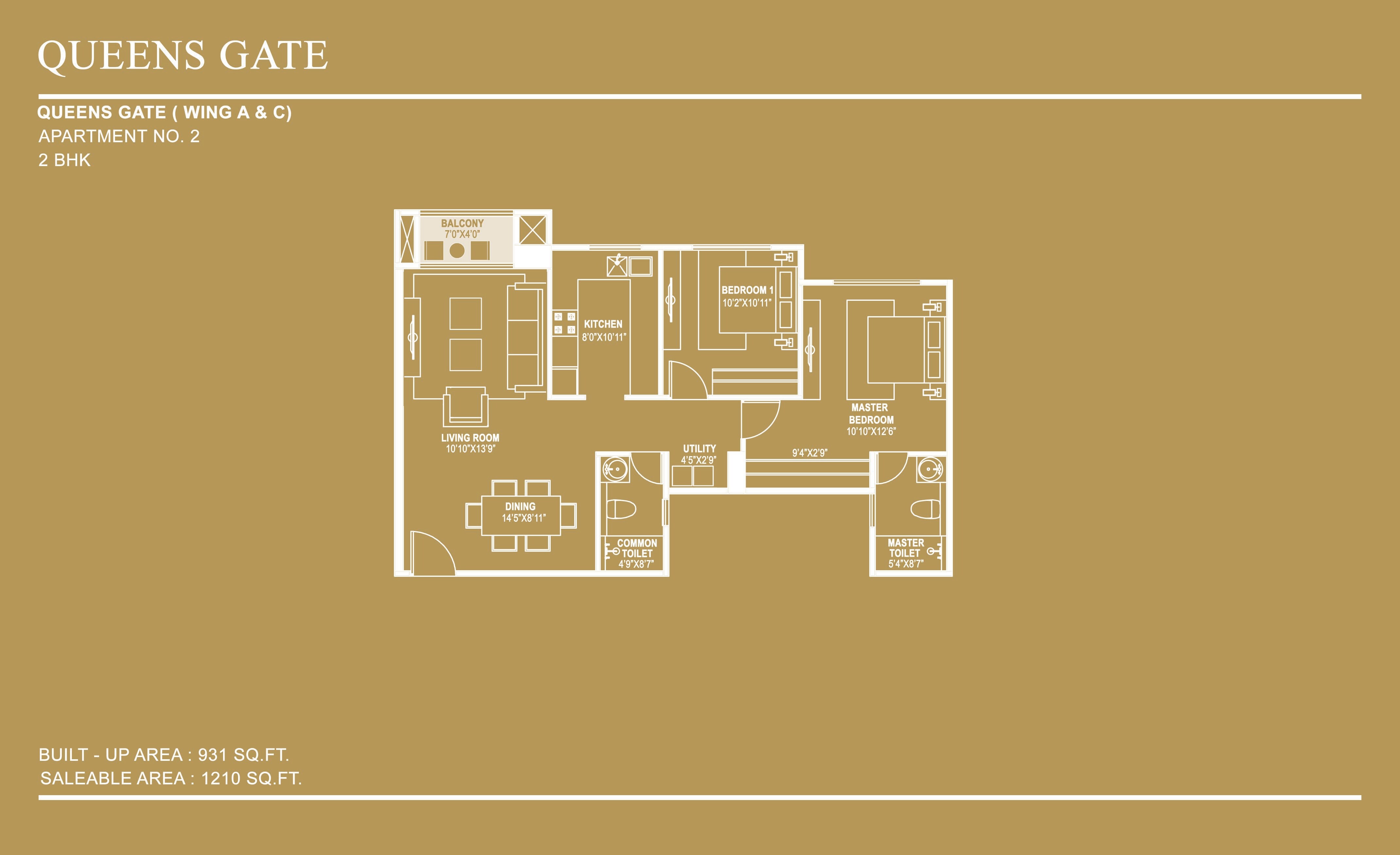 Floor plan of 2 BHK 1210 Sq. Ft. Apartment in Hiranandani Queensgate, Bangalore